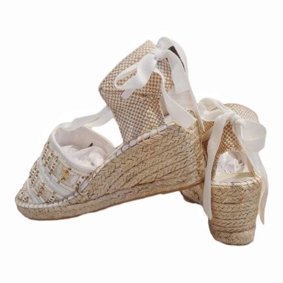 Impo Shoes - Cream Espadrilles with Embroidery Tan Sequins Beads by IMPO Size 7.5